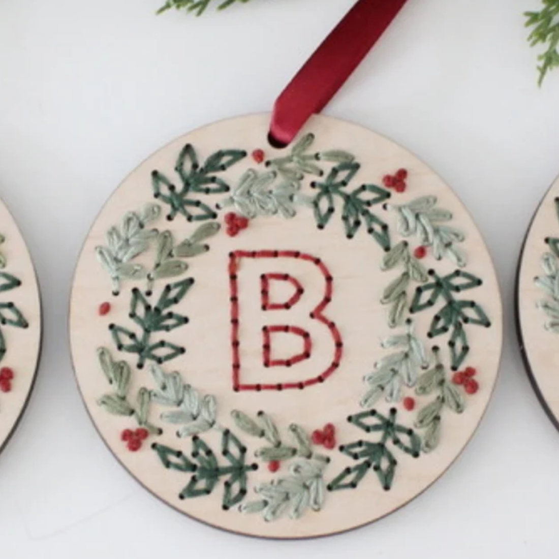 The HNB House - DIY Wood Embroidery Kit - Wreath Monogram Christmas Ornament: P