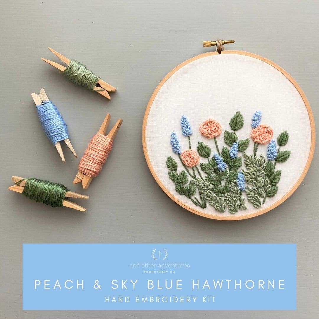 And Other Adventures Embroidery Co - Hand Embroidery KIT - Hawthorne in Peach & Sky Blue