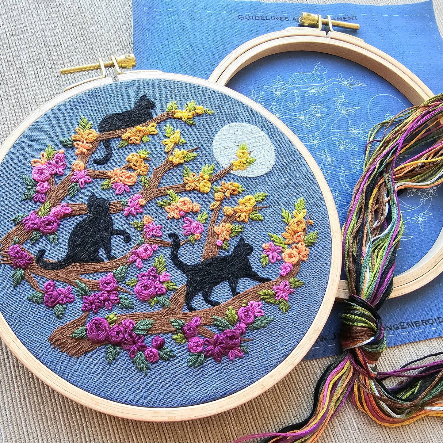 Jessica Long Embroidery - Cats & Full Moon Embroidery Kit: Black Cats