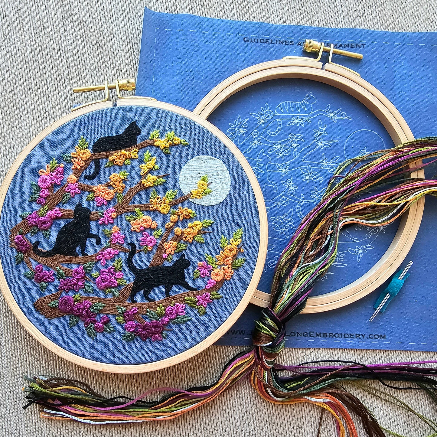 Jessica Long Embroidery - Cats & Full Moon Embroidery Kit: Black Cats