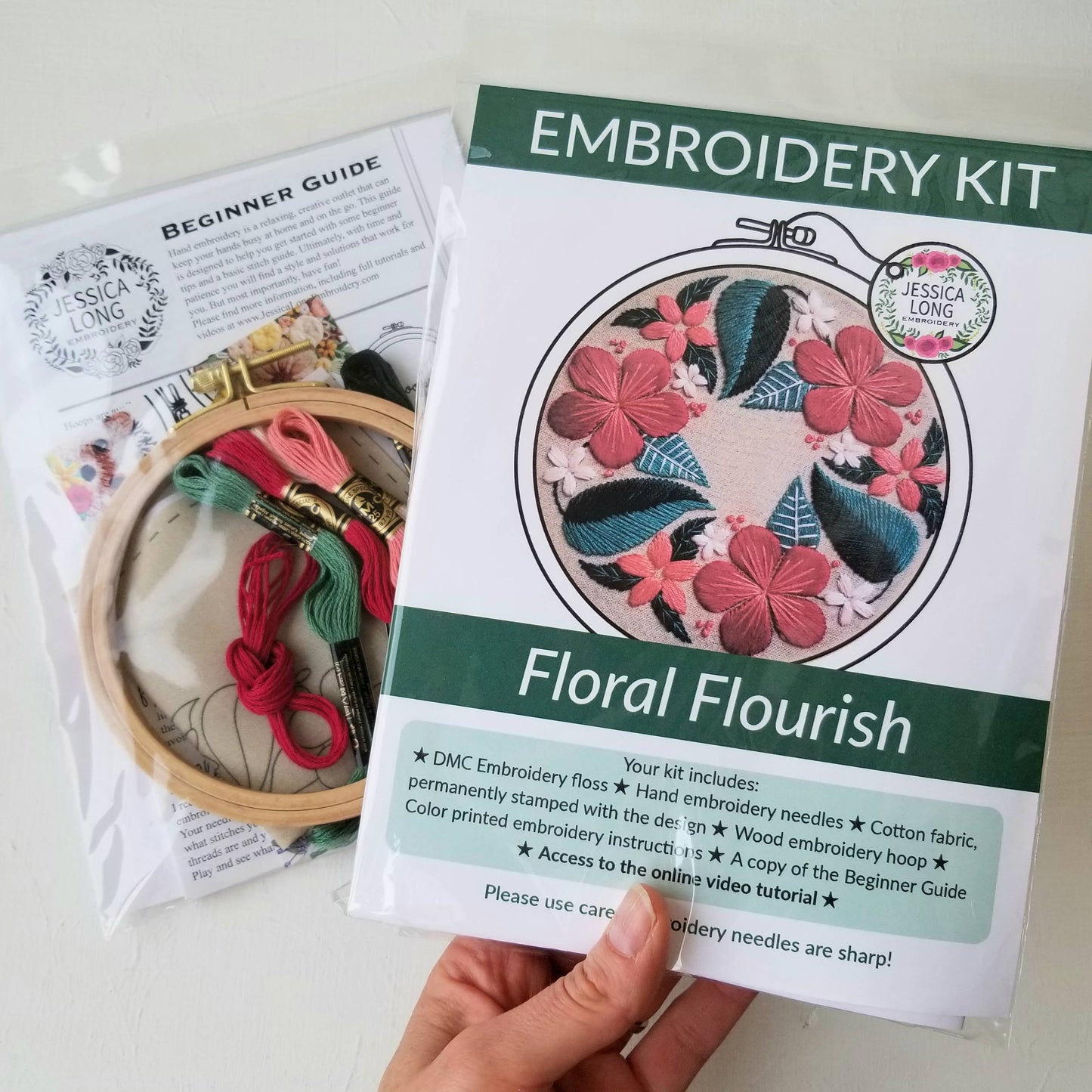 Jessica Long Embroidery - Floral Flourish Beginner Embroidery Kit: Muted green fabric