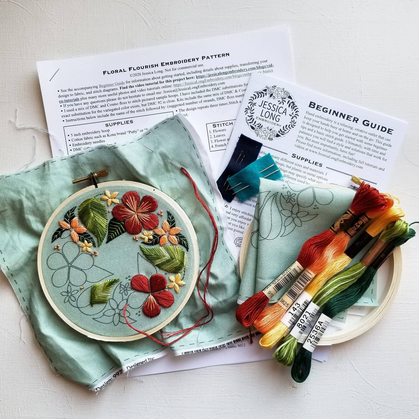 Jessica Long Embroidery - Floral Flourish Beginner Embroidery Kit: Muted green fabric